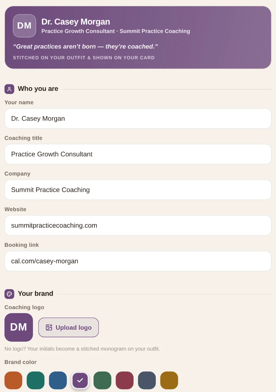 A NovaCoach coach card, filled in with a sample coaching company: Dr. Casey Morgan, Practice Growth Consultant at Summit Practice Coaching, in the coach card editor — name, title, company, website, booking link, logo and brand color.