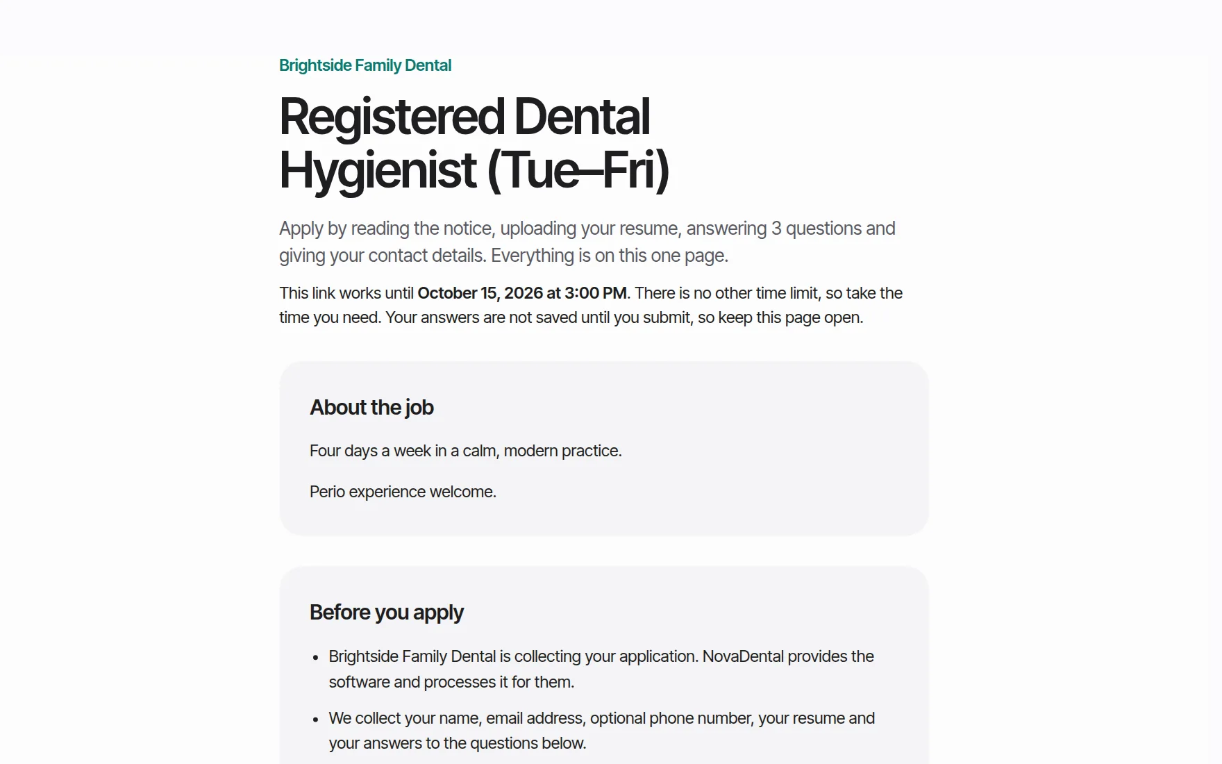NovaInterview's applicant page, in development, with a sample job: a demo practice's Registered Dental Hygienist opening, how to apply on one page, and when the link expires.